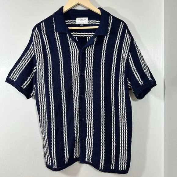 American Eagle Sweater Polo Shirt Mens Medium Blue Crochet Button Through - Picture 1 of 11